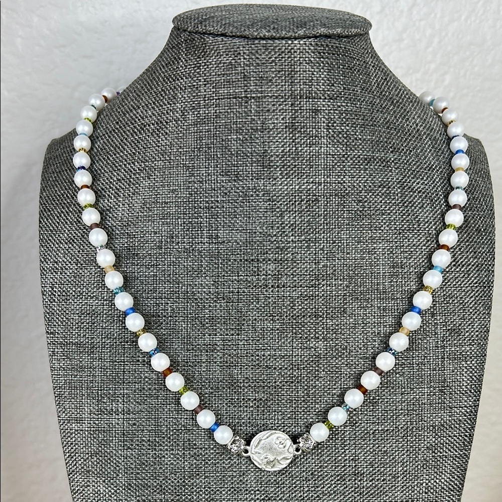 White and Blue Beaded Necklace with Crystal Centerpiece